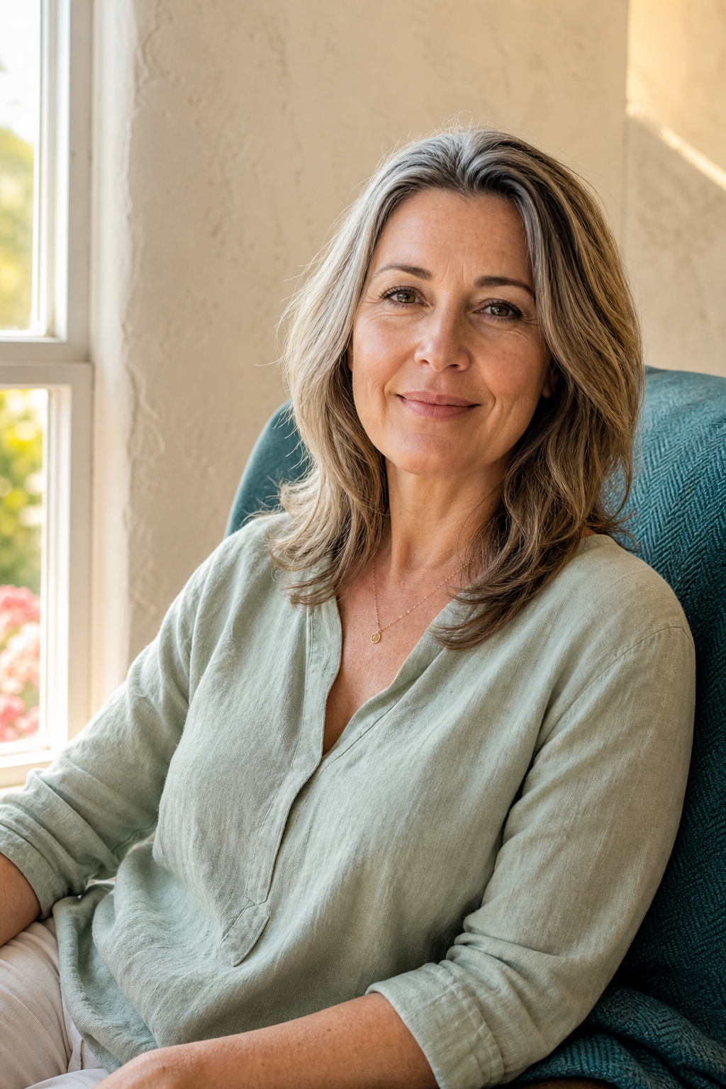 A woman in midlife sitting calmly beside a sunlit window.